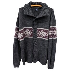 Vintage Gap Men's Gray Wool Camel Hair Fair Isle Button Front Cardigan- XXL